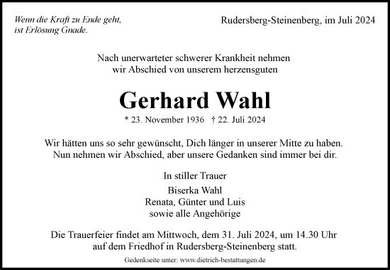 Traueranzeige von Gerhard Wahl von Waiblinger Kreiszeitung