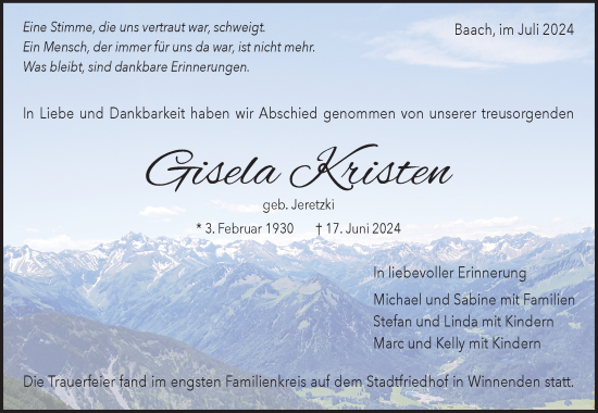 Traueranzeige von Gisela Kristen von Waiblinger Kreiszeitung