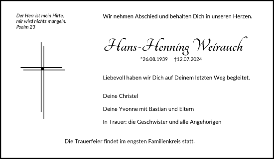 Traueranzeige von Hans-Henning Weirauch von Waiblinger Kreiszeitung