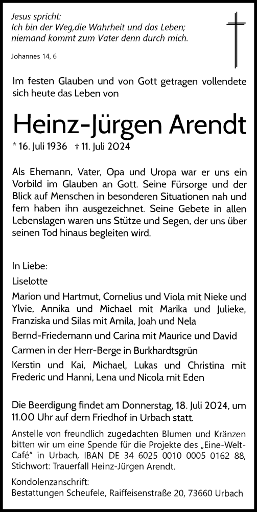 Traueranzeige von Heinz-Jürgen Arendt von Waiblinger Kreiszeitung