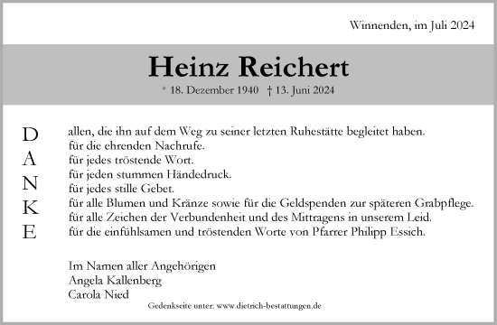 Traueranzeige von Heinz Reichert von Waiblinger Kreiszeitung