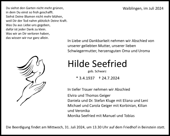 Traueranzeige von Hilde Seefried von Waiblinger Kreiszeitung