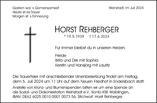 Traueranzeige von Horst Rehberger von Waiblinger Kreiszeitung