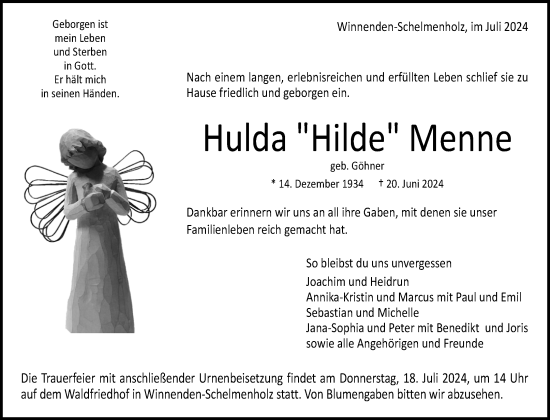 Traueranzeige von Hulda Menne von Waiblinger Kreiszeitung