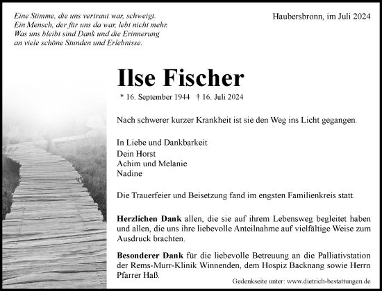 Traueranzeige von Ilse Fischer von Waiblinger Kreiszeitung