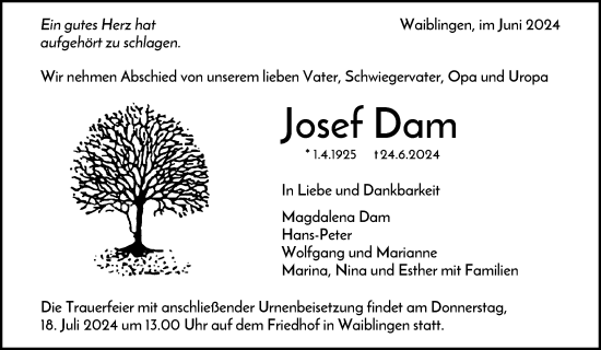 Traueranzeige von Josef Dam von Waiblinger Kreiszeitung