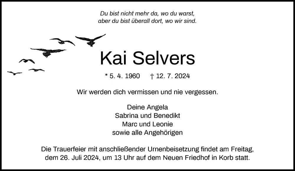  Traueranzeige für Kai Selvers vom 20.07.2024 aus Waiblinger Kreiszeitung