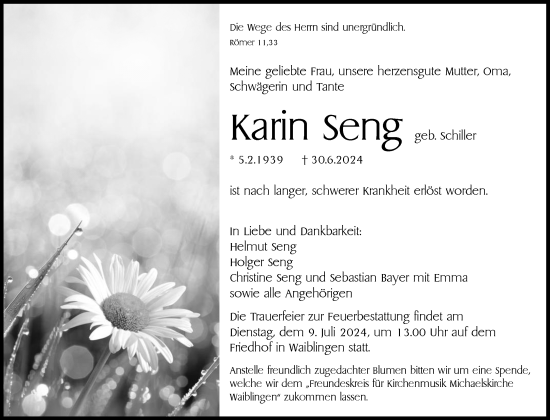 Traueranzeige von Karin Seng von Waiblinger Kreiszeitung