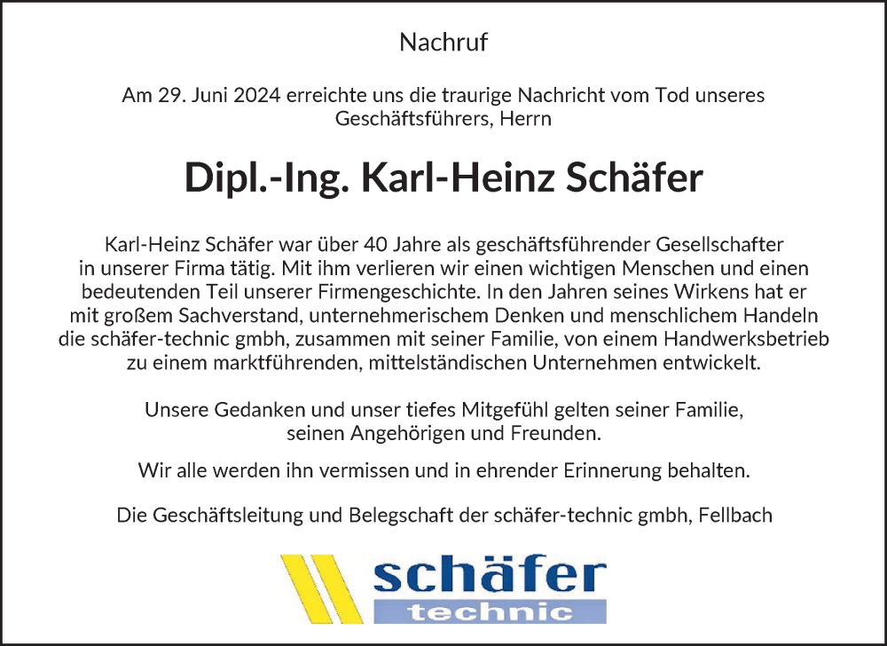  Traueranzeige für Karl-Heinz Schäfer vom 03.07.2024 aus Waiblinger Kreiszeitung