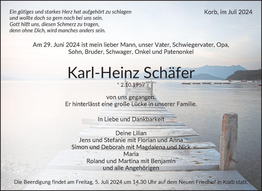  Traueranzeige für Karl-Heinz Schäfer vom 03.07.2024 aus Waiblinger Kreiszeitung