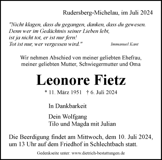 Traueranzeige von Leonore Fietz von Waiblinger Kreiszeitung