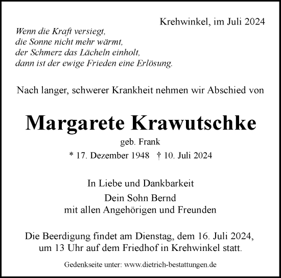 Traueranzeige von Margarete Krawutschke von Waiblinger Kreiszeitung