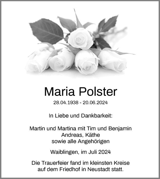 Traueranzeige von Maria Polster von Waiblinger Kreiszeitung