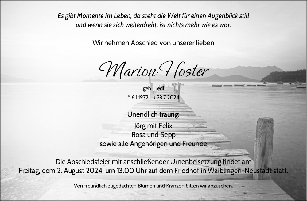  Traueranzeige für Marion Hoster vom 25.07.2024 aus Waiblinger Kreiszeitung