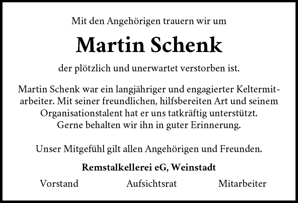  Traueranzeige für Martin Schenk vom 03.07.2024 aus Waiblinger Kreiszeitung