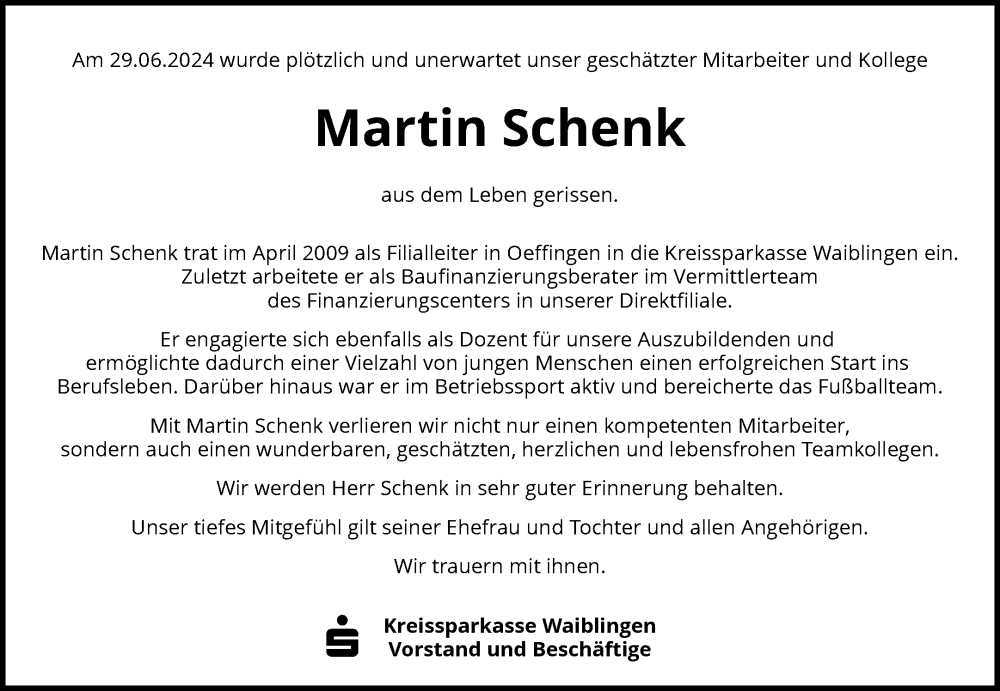  Traueranzeige für Martin Schenk vom 05.07.2024 aus Waiblinger Kreiszeitung