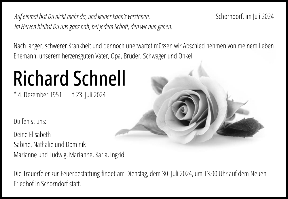  Traueranzeige für Richard Schnell vom 27.07.2024 aus Waiblinger Kreiszeitung