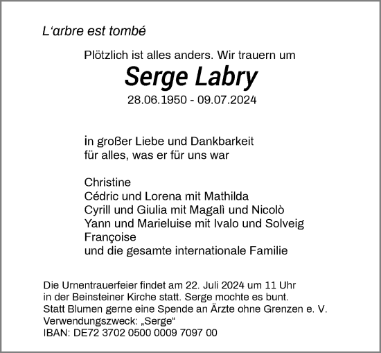 Traueranzeige von Serge Labry von Waiblinger Kreiszeitung