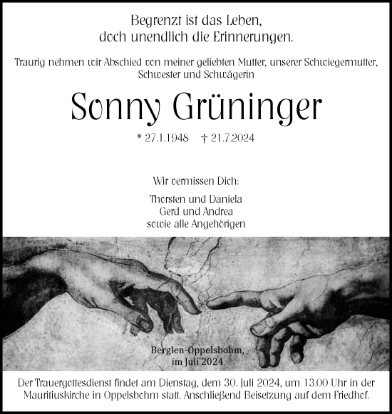 Traueranzeige von Sonny Grüninger von Waiblinger Kreiszeitung