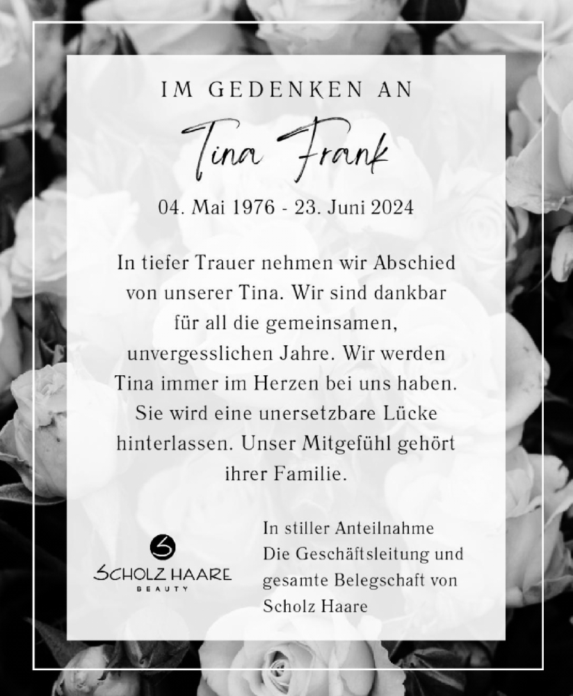  Traueranzeige für Tina Frank vom 11.07.2024 aus Waiblinger Kreiszeitung