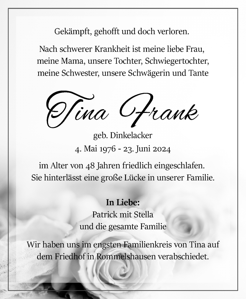  Traueranzeige für Tina Frank vom 06.07.2024 aus Waiblinger Kreiszeitung