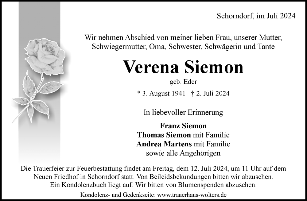  Traueranzeige für Verena Siemon vom 06.07.2024 aus Waiblinger Kreiszeitung