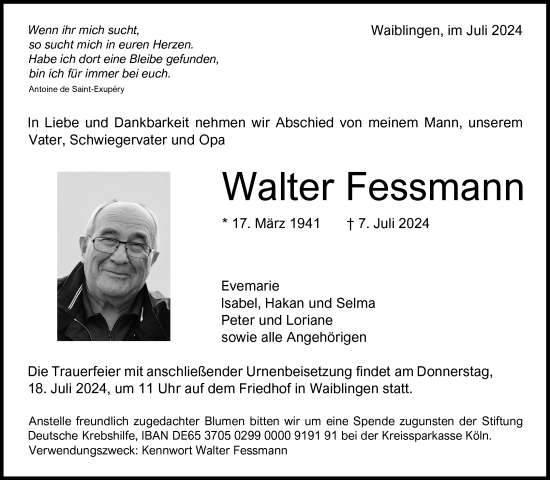 Traueranzeige von Walter Fessmann von Waiblinger Kreiszeitung