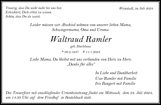 Traueranzeige von Waltraud Ramler von Waiblinger Kreiszeitung