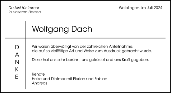 Traueranzeige von Wolfgang Dach von Waiblinger Kreiszeitung