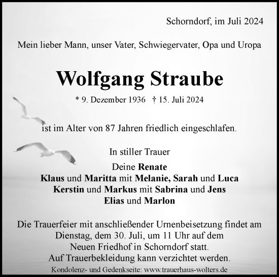 Traueranzeige von Wolfgang Straube von Waiblinger Kreiszeitung