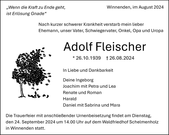 Traueranzeige von Adolf Fleischer von Waiblinger Kreiszeitung