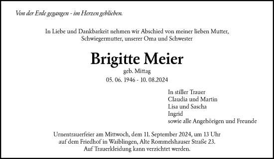 Traueranzeige von Brigitte Meier von Waiblinger Kreiszeitung