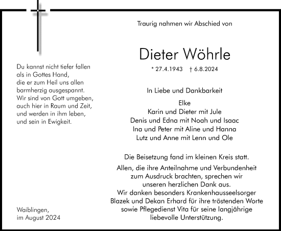 Traueranzeige von Dieter Wöhrle von Waiblinger Kreiszeitung