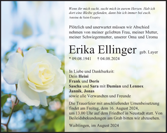 Traueranzeige von Erika Ellinger von Waiblinger Kreiszeitung