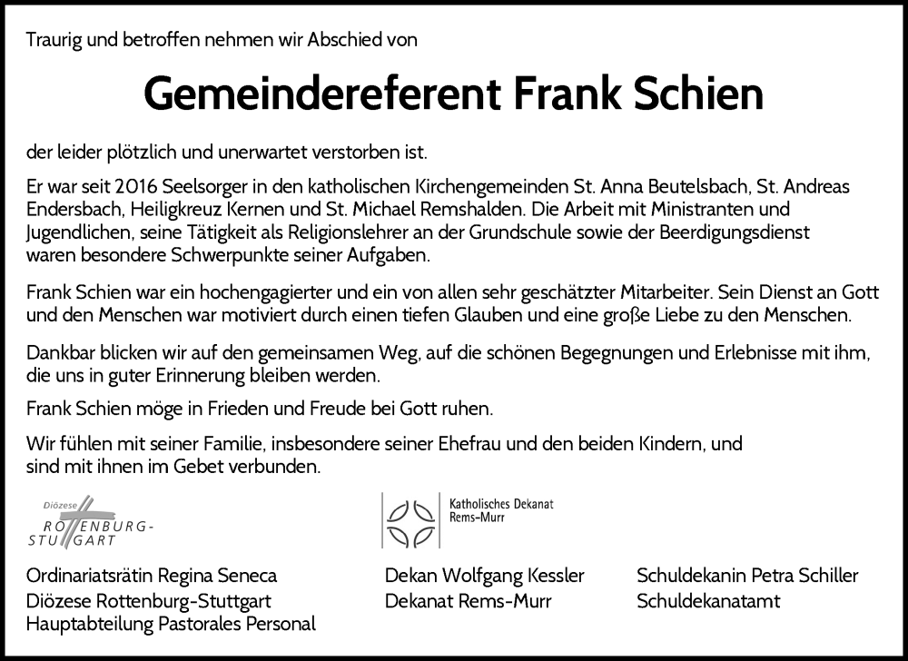  Traueranzeige für Frank Schien vom 01.08.2024 aus Waiblinger Kreiszeitung