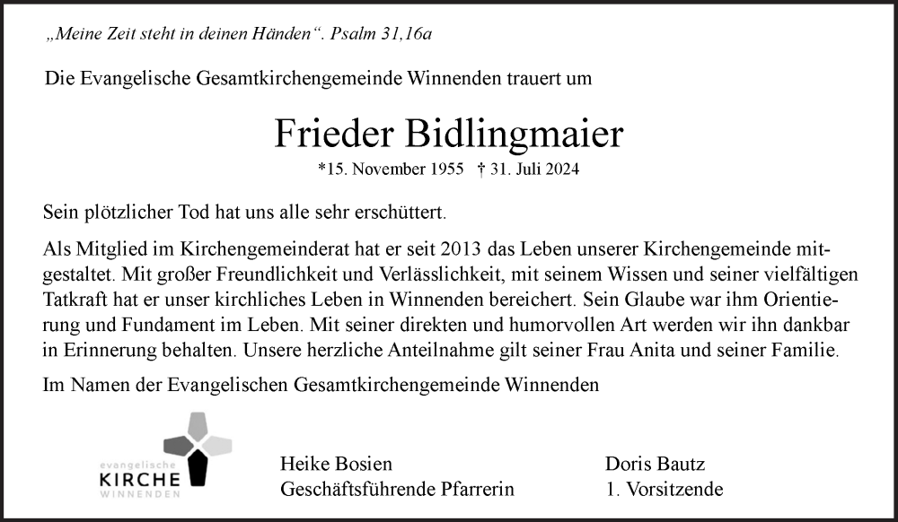  Traueranzeige für Frieder Bidlingmaier vom 05.08.2024 aus Waiblinger Kreiszeitung