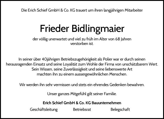 Traueranzeige von Frieder Bidlingmaier von Waiblinger Kreiszeitung