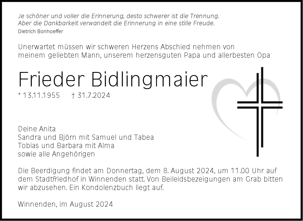  Traueranzeige für Frieder Bidlingmaier vom 05.08.2024 aus Waiblinger Kreiszeitung