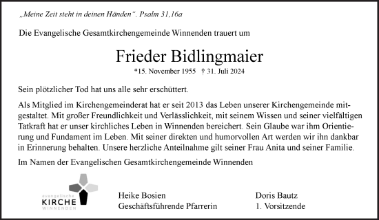 Traueranzeige von Frieder Bidlingmaier von Waiblinger Kreiszeitung