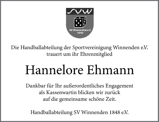 Traueranzeige von Hannelore Ehmann von Waiblinger Kreiszeitung