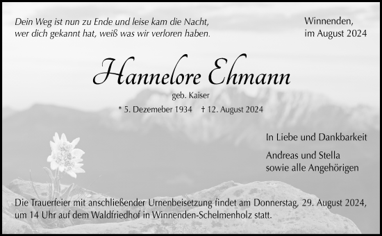 Traueranzeige von Hannelore Ehmann von Waiblinger Kreiszeitung