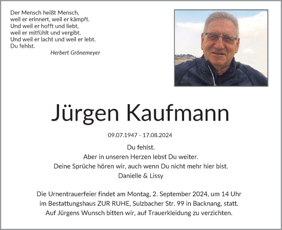 Traueranzeige von Jürgen Kaufmann von Waiblinger Kreiszeitung