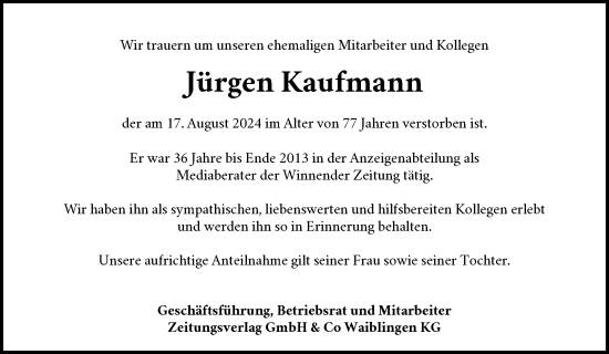 Traueranzeige von Jürgen Kaufmann von Waiblinger Kreiszeitung