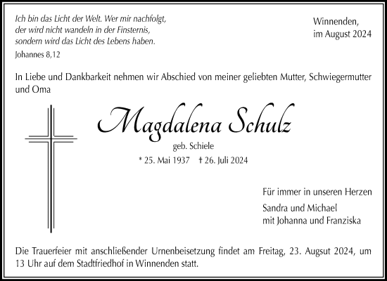 Traueranzeige von Magdalena Schulz von Waiblinger Kreiszeitung