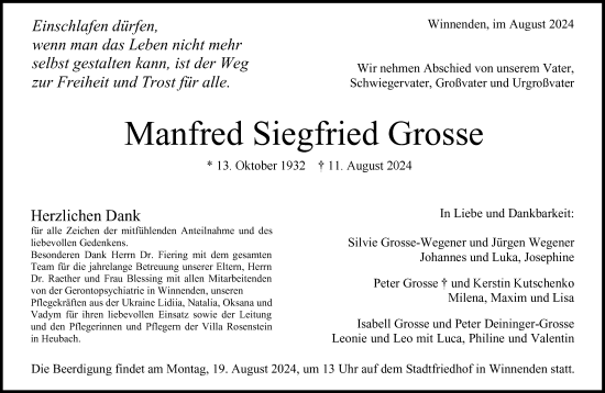 Traueranzeige von Manfred Siegfried Grosse von Waiblinger Kreiszeitung