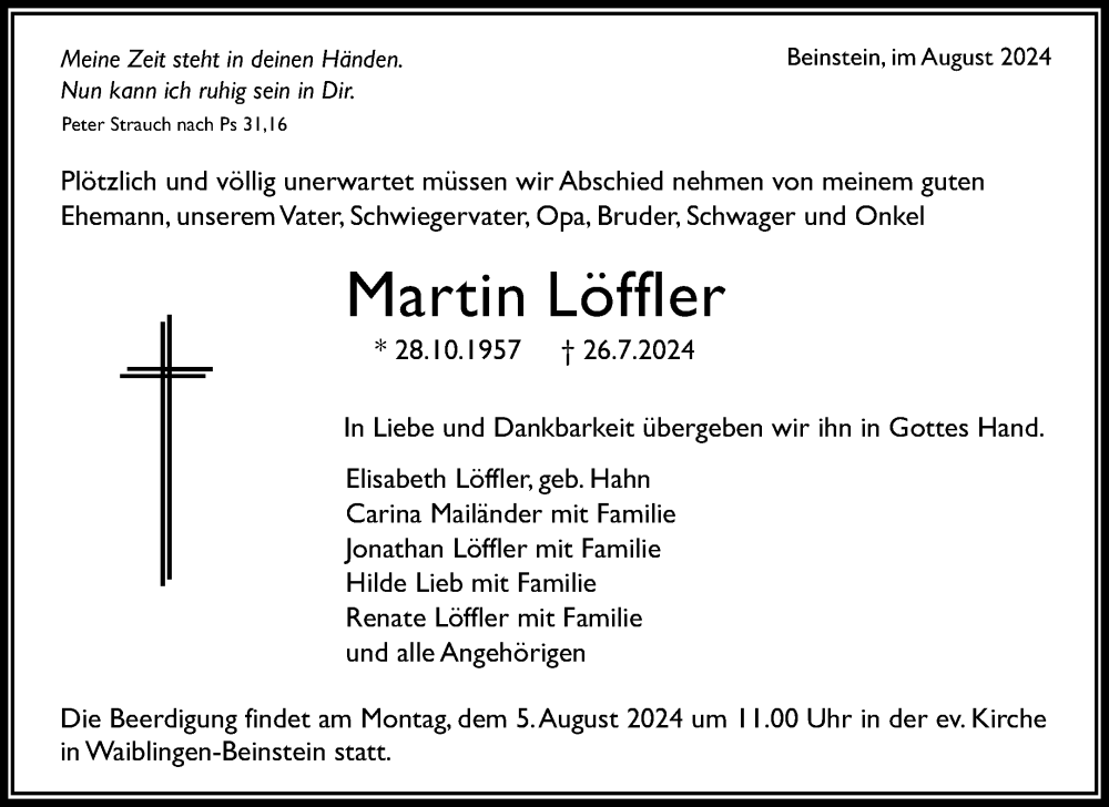  Traueranzeige für Martin Löffler vom 01.08.2024 aus Waiblinger Kreiszeitung