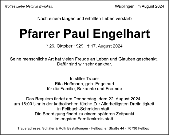 Traueranzeige von Paul Engelhart von Waiblinger Kreiszeitung