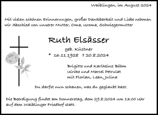 Traueranzeige von Ruth Elsässer von Waiblinger Kreiszeitung