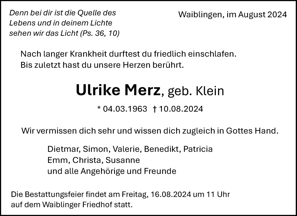  Traueranzeige für Ulrike Merz vom 14.08.2024 aus Waiblinger Kreiszeitung