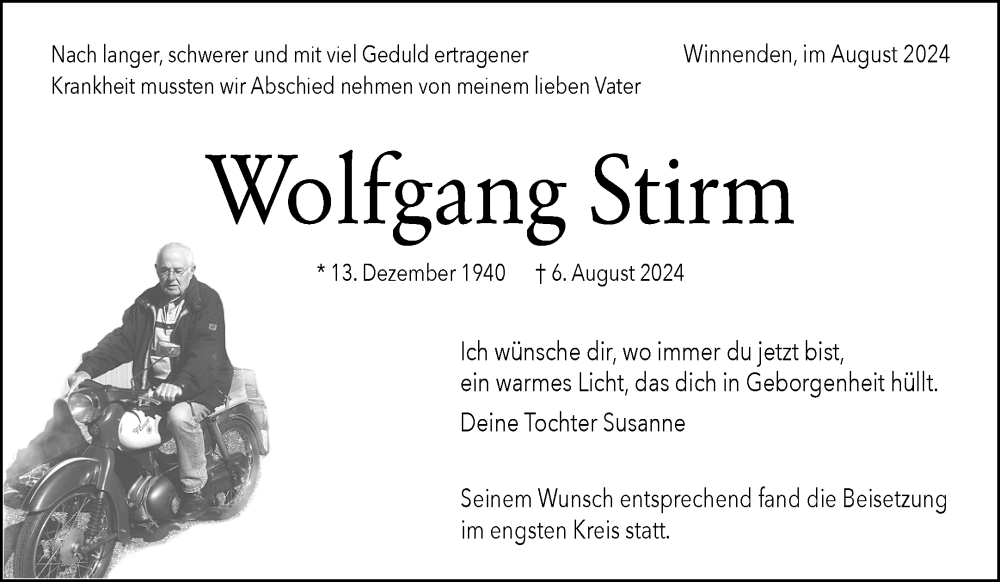  Traueranzeige für Wolfgang Stirm vom 30.08.2024 aus Waiblinger Kreiszeitung